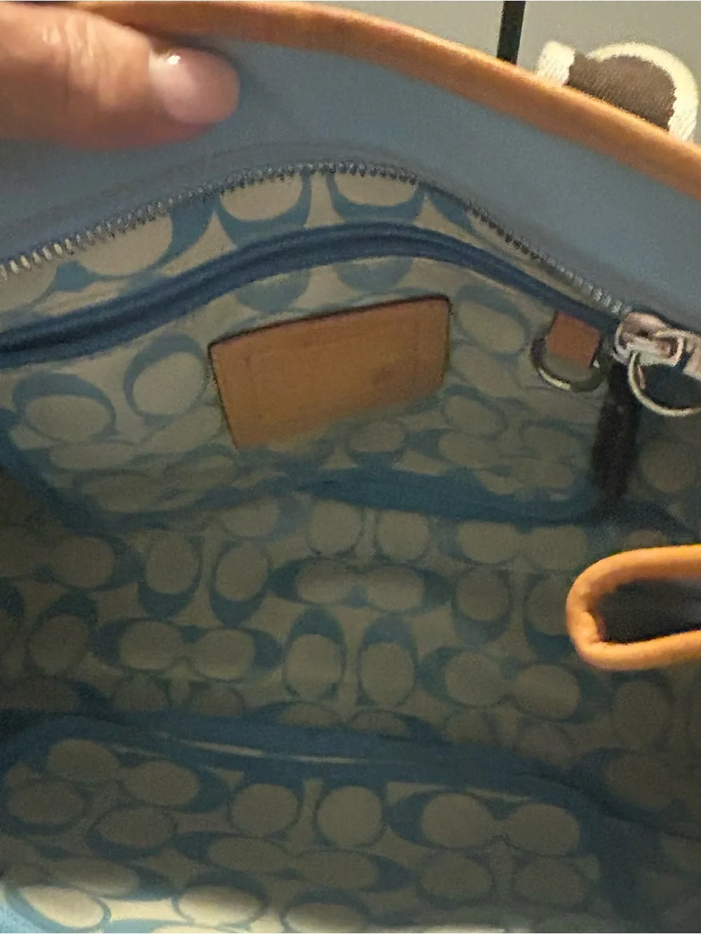 Light Blue Coach Tote with Brown Trim
